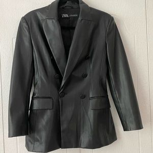ZARA Vegan Leather Double-Breasted Blazer - Black